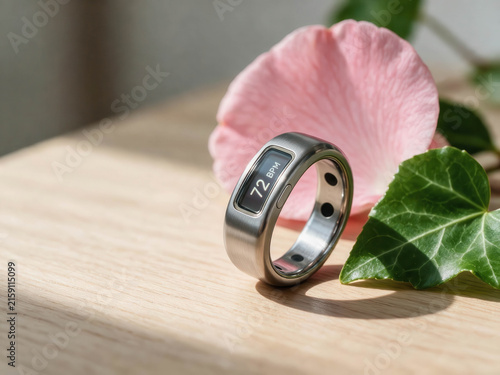 Close-up smart health ring displaying heart rate beside a pink flower and green leaf in warm natural sunlight.