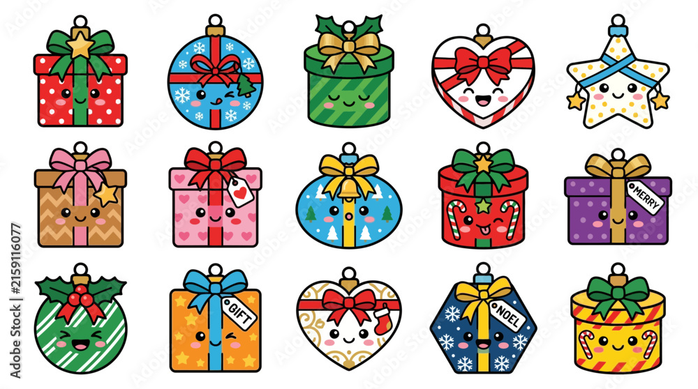 Fototapeta premium Cute kawaii Christmas gift boxes and ornaments set. 15 colorful holiday icons. Vector flat design.