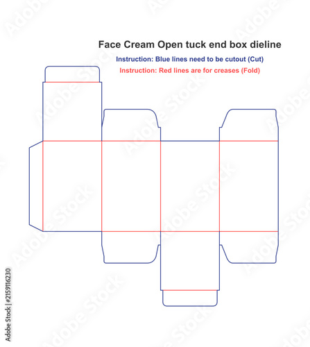 Flat face cream open tuck end box dieline template design layout