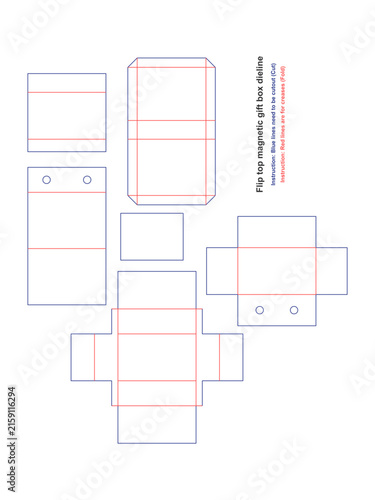 Flat layout dieline template for a flip top magnetic gift box