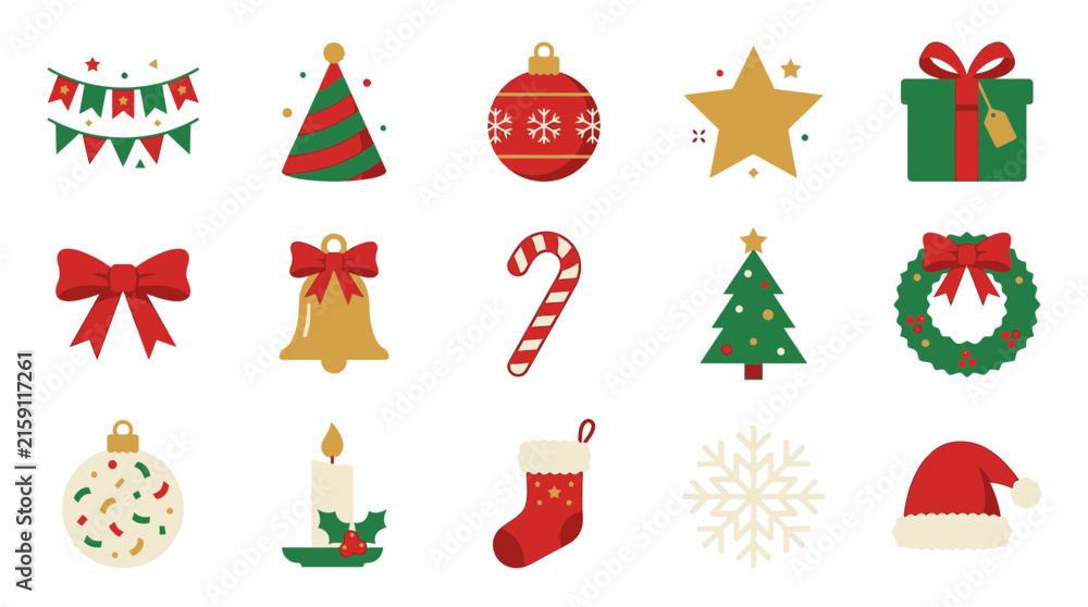 Fototapeta premium Vector Christmas Icon Set, Twelve Festive Symbols, New Year Illustrations, Tree And Gifts, Holiday Marketing Graphics, Red And Green Cartoon Style Studio Assets, Scaler