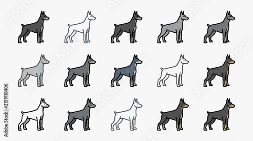 Vector illustration set of Doberman Pinscher dog icons in various coat colors including black, tan, grey, and white. Standing profile view icons arranged in a grid layout on a light background.
