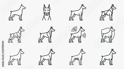 Set of twelve minimalist vector line icons featuring Doberman Pinscher dogs in side profile and headshot views, including geometric styles, tech symbols, and security shield motifs.