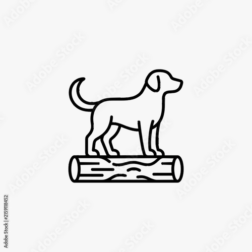 Minimalist black line art vector illustration of a domestic dog profile standing balanced on a fallen wooden log; clean silhouette icon isolated on white background for web design.