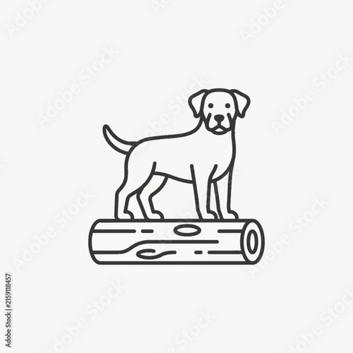 Black and white line art illustration of a Labrador Retriever dog standing on a wooden log, side view profile with head facing forward, minimalist vector design on white background.