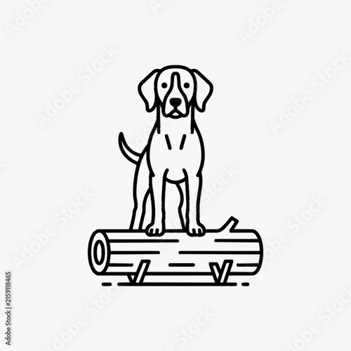 Minimalist black and white line art illustration of a beagle or hound dog standing on a fallen tree log, isolated on a white background, featuring clean strokes and simple graphic style.