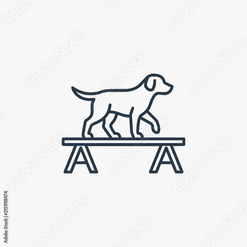 Minimalist vector line art icon of a dog walking across a balance beam bridge obstacle during an agility training course; professional canine sport and obedience illustration.