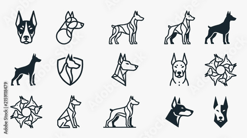 Set of fifteen minimalist Doberman Pinscher icons and logo designs featuring geometric line art, black silhouettes, dog head profiles, and standing full body poses on a white background.