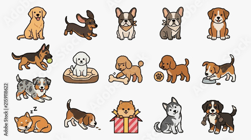 Vector illustration set of cute diverse dog breeds including Golden Retriever, German Shepherd, Poodle, Beagle, French Bulldog, and Husky in various playful activities on a white background.