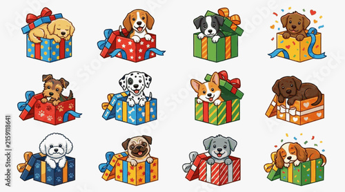 Vector illustration of twelve different cartoon puppy breeds including beagle, dalmatian, pug, and golden retriever popping out of colorful gift boxes with bows on a white background.