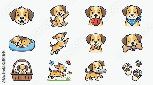 Collection of twelve cute cartoon puppy dog illustrations in various poses including sleeping, playing with a ball, wearing a bandana, and chasing butterflies on a white background.