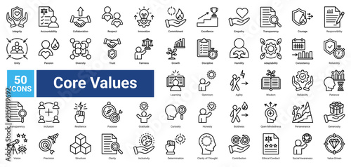 Core Values icon set containing Integrity, Accountability, Collaboration, Innovation, Transparency, and more to illustrate organizational culture, ethical leadership, and shared principles.