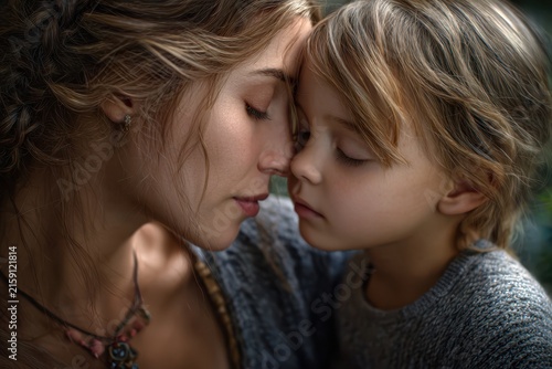 Emotional moment between mother and child captured in a serene outdoor setting