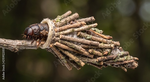 Side profile of a bagworm moth caterpillar emerging from its twig case