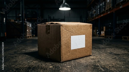 Cardboard shipping box package sits on a dirty concrete floor under a spotlight in a dark industrial warehouse logistics facility