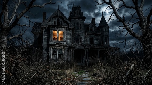 Haunted house abandoned Victorian mansion stands amidst dead trees under a full moon at night in a spooky gothic landscape