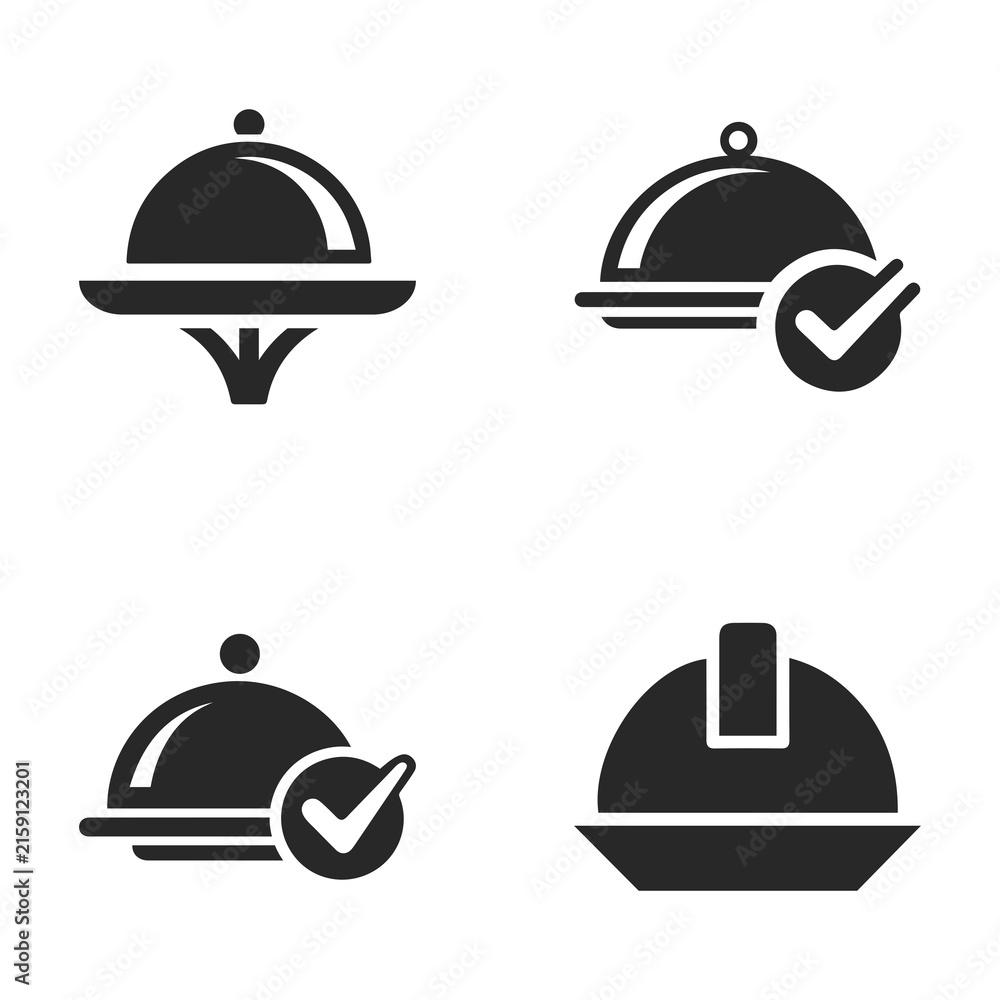 Fototapeta premium Collection of food service icons featuring cloche covers and checkmark symbols representing quality control, professional catering, restaurant service, and food safety.