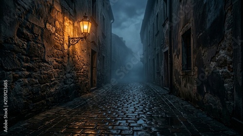 Cobblestone street alleyway with vintage lantern glowing along dark medieval stone buildings in foggy night landscape for mysterious atmosphere