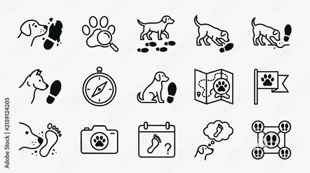 Fototapeta premium Vector icon set of canine tracking and search and rescue elements including dogs sniffing footprints, magnifying glass, compass, map, flag, and camera in minimalist black line art style.