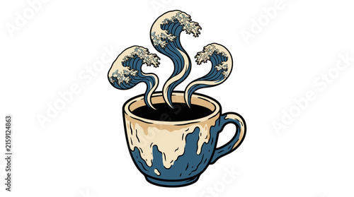 Фотография Steaming Coffee Cup with Ocean Waves.