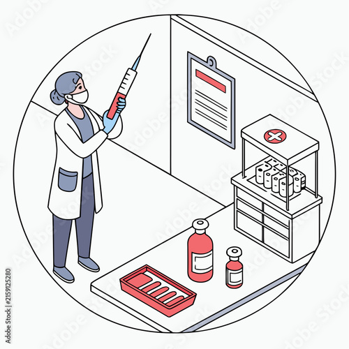 Medical worker preparing injection with syringe in clinic hallway, injection