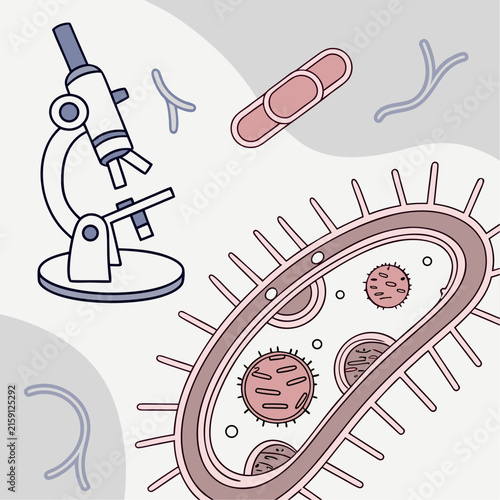 Microscope and bacteria cell illustration medical science concept with bacteria