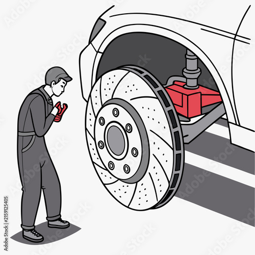 Isometric illustration of car mechanic inspecting brake disc and suspension