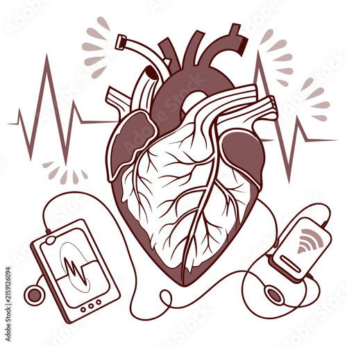 Human heart anatomical drawing surrounded by medical technology and monitors