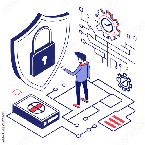 Cybersecurity padlock shield system protection isometric graphic design