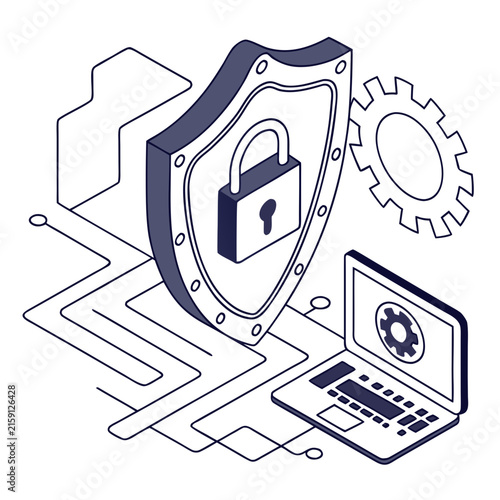 Isometric cybersecurity concept illustration with shield laptop and lock