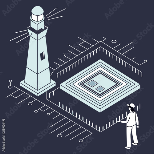 Isometric technology infrastructure concept with lighthouse and microchip
