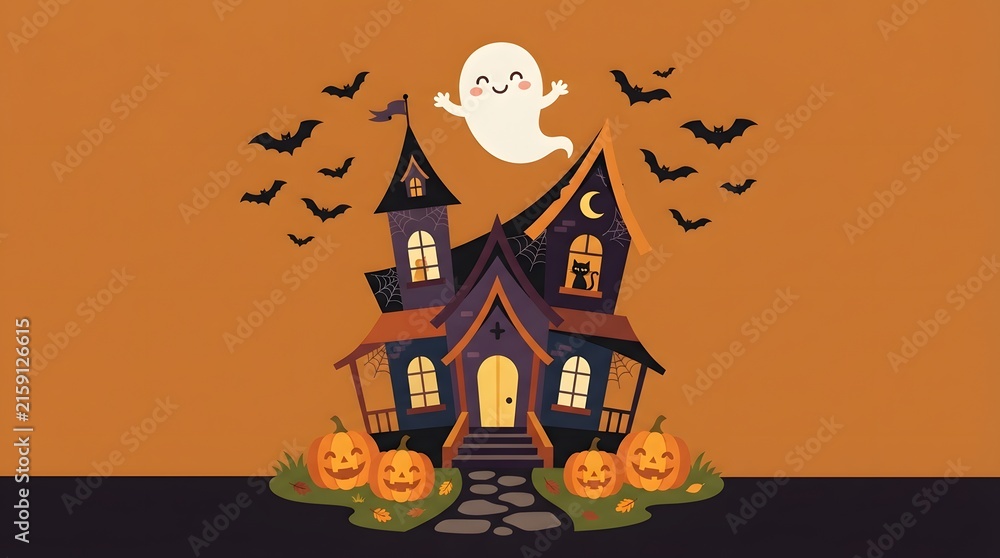 Fototapeta premium Cute halloween haunted house with pumpkins and a friendly ghost