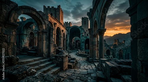 Ancient stone ruins with flickering torchlight at dusk.