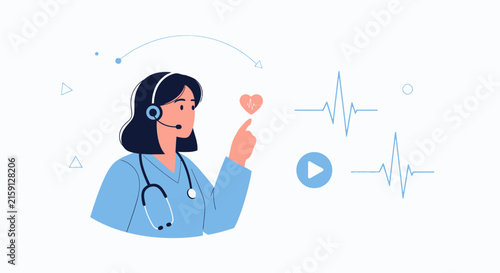 Doctor with headset and stethoscope interacting with digital health interface showing heartbeat and ECG