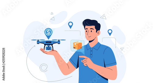 Drone Delivery Service: Man Managing Future Logistics with Technology, Package Tracking, and Payments