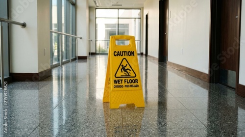 Yellow caution wet floor sign standing in a polished marble hallway.