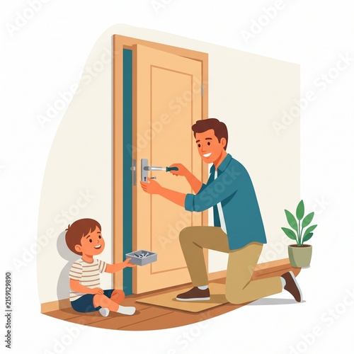 Father and son repairing a wooden door handle together in a home setting illustration