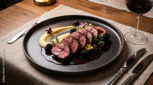 A tender venison loin with rich blackberry jus and smooth root vegetable puree is beautifully plated on a dark ceramic dish. This exquisite fine dining meal is fantastic.