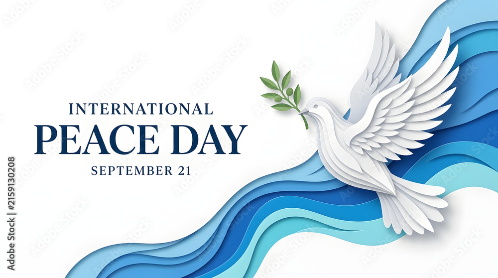 Obraz premium International peace day paper cut style design featuring white dove flying over blue wave layers