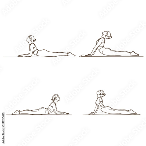 Continuous Line Drawing Set of Woman Practicing Cobra Pose and Sphinx Pose