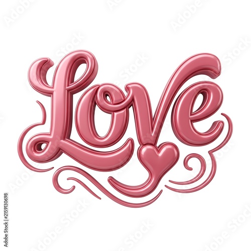 Elegant 3D pink word love with flowing decorative elements and a heart shape