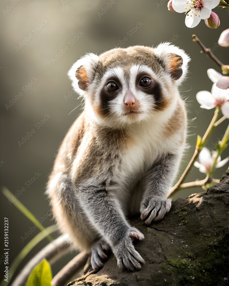 Fototapeta premium A platinum pygmy slow loris in a spring blossom plateau