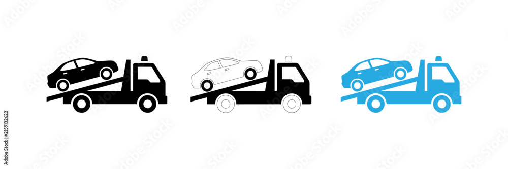 Naklejka premium Three color variations of a tow truck carrying a vehicle on its flatbed platform