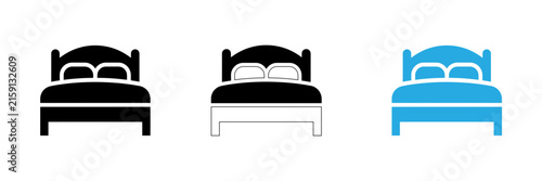 Three variations of a simple bed icon in black outline and light blue colors