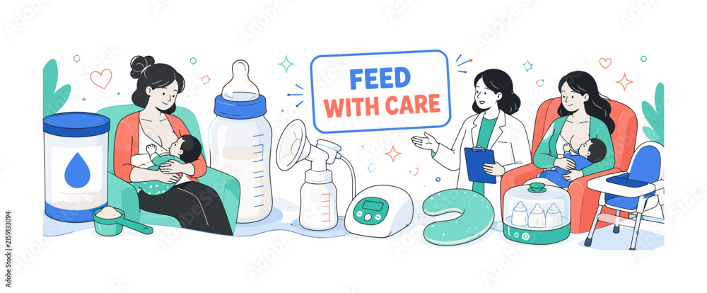 Fototapeta premium Breastfeeding Mother Care, clean editorial banner scene with 2 geometric mothers and one healthcare specialist interacting with oversized milk bottle and breast pump, 5 supporting details including