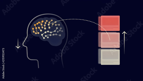 Conceptual illustration showing cognitive processing flow from human brain to digital information cards with network connecting vertical profile glowing neural