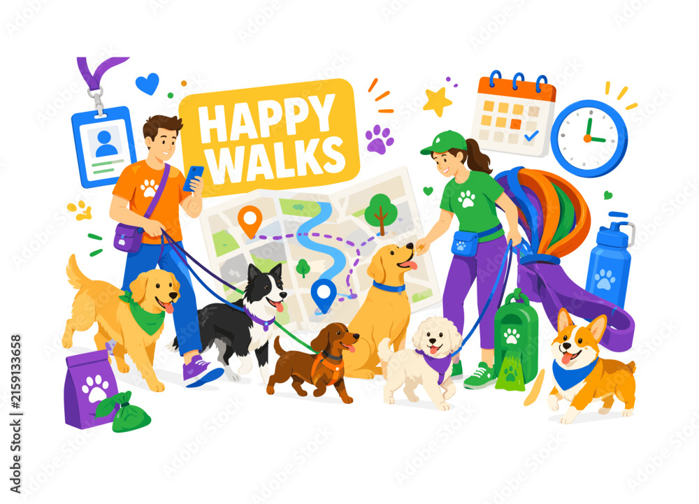 Fototapeta premium Dog Walker Service lively banner scene with two dog walkers guiding several playful dogs around an oversized route map and giant leash bundle, one checks a smartphone while another offers treats, poop