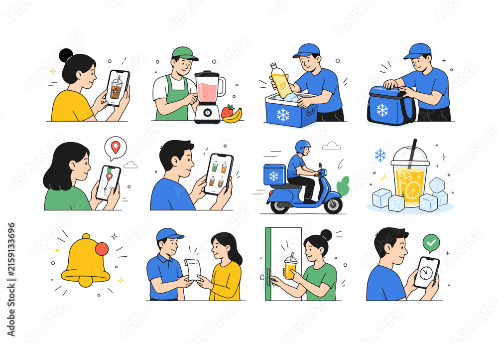 Fototapeta premium Cold Drink Delivery Series. Beverage ordering, chilled packaging, courier transport, location tracking, mobile menus, notifications, doorstep delivery, and fast service. 12 minimalist editorial vector