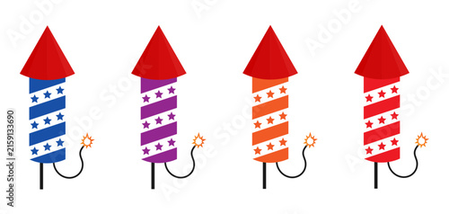 Colorful Firework Rocket Icon Set with Star Stripes, Isolated on White Background