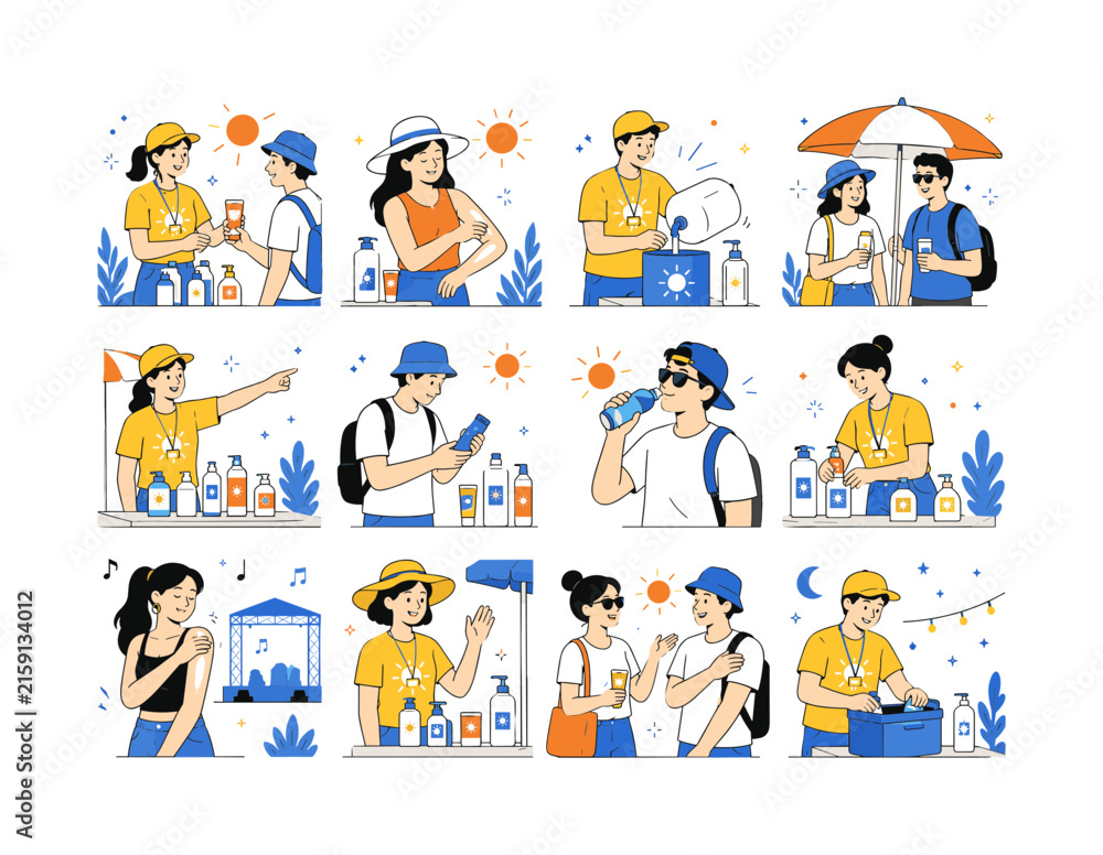 Fototapeta premium Festival Sunscreen Volunteer Station. Outdoor event sun protection, volunteer service, public health and summer wellness. 12 minimalist editorial vector scenes: a volunteer offers sunscreen, an
